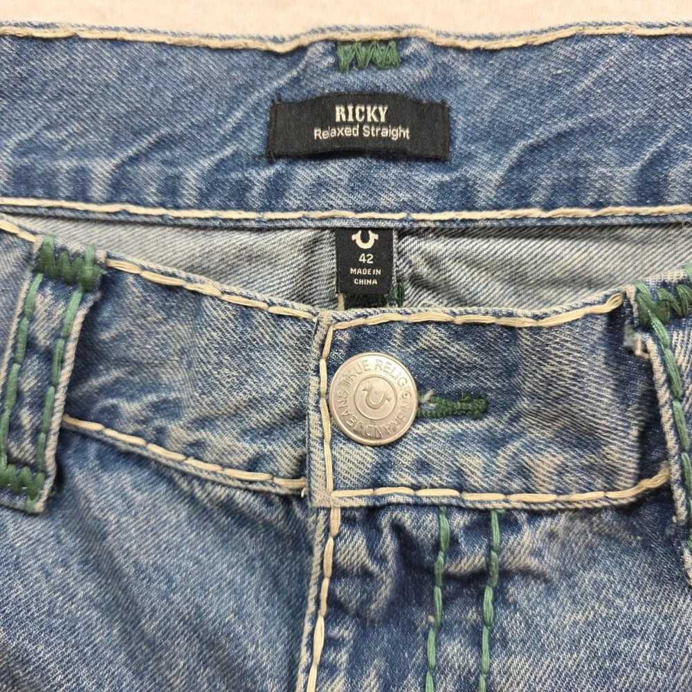 True Religion Ricky Relaxed Straight Men 42 Blue Super‎ T Stitch Acid Wash Jeans
